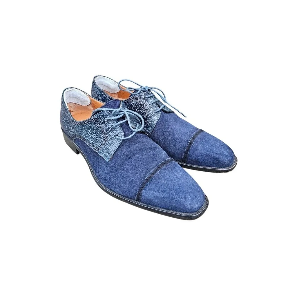 Mezlan Janus Oxford Mens 9 Navy Blue Suede Pebbled Leather Cap Toe Dress Shoes ~